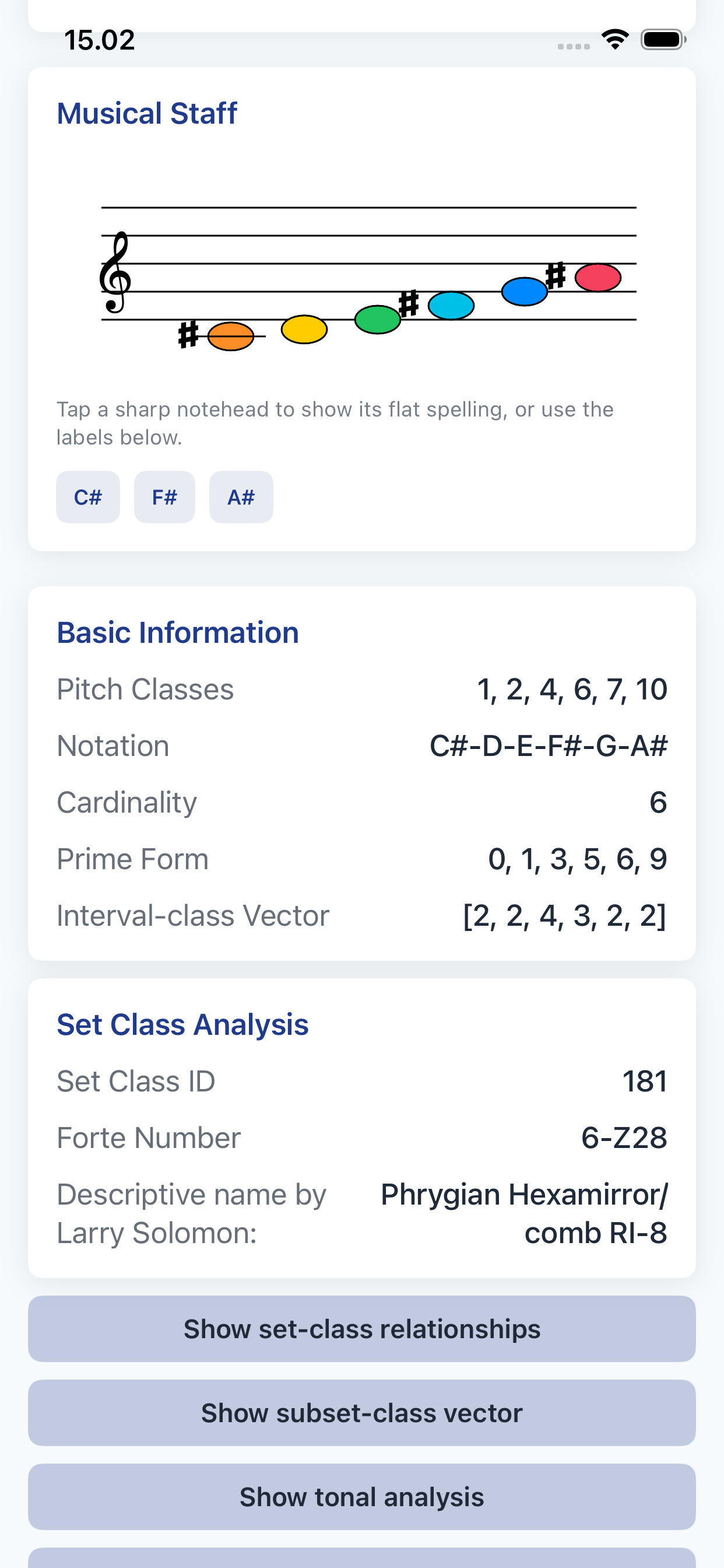 Staff notation and basic set-class analysis in Musical Sets