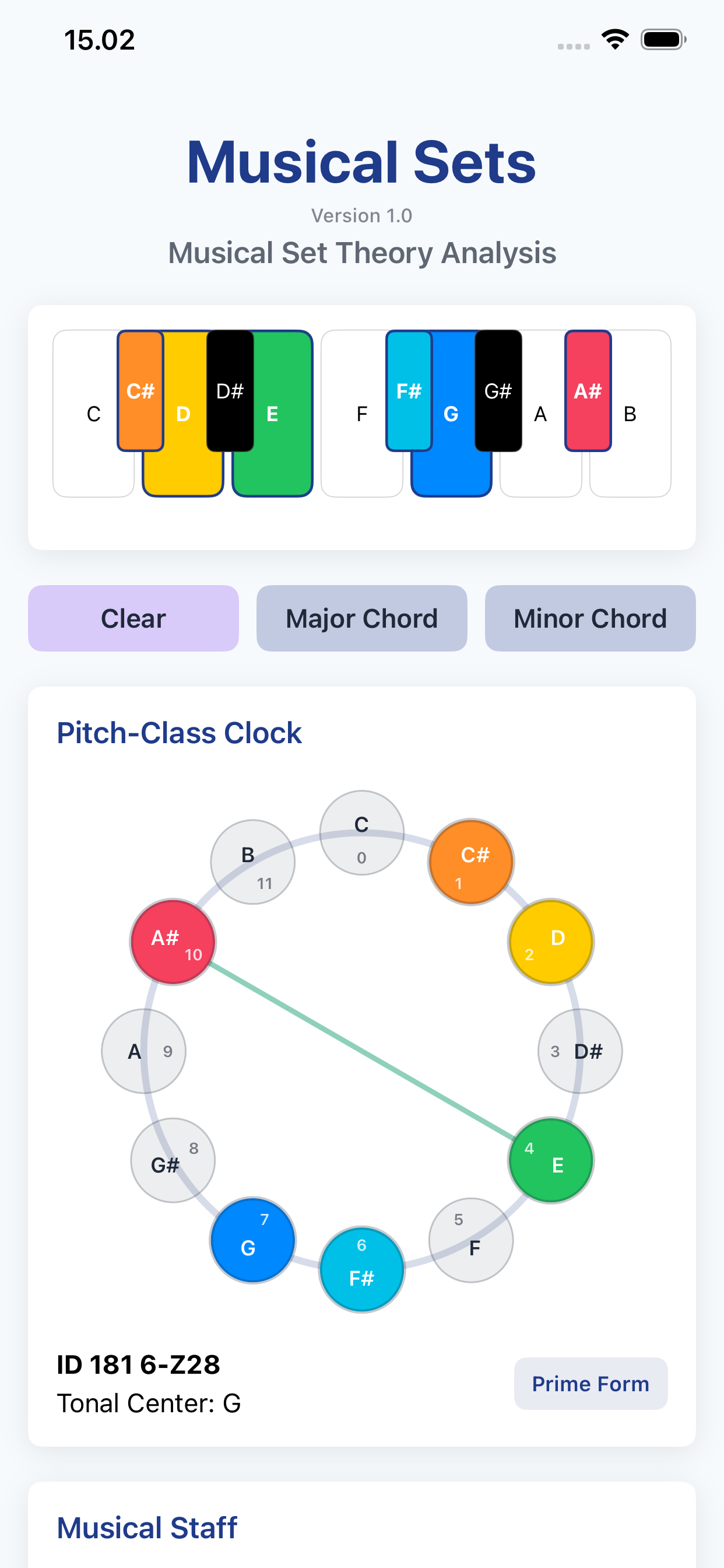 Pitch-class clock view with selected set and tonal center