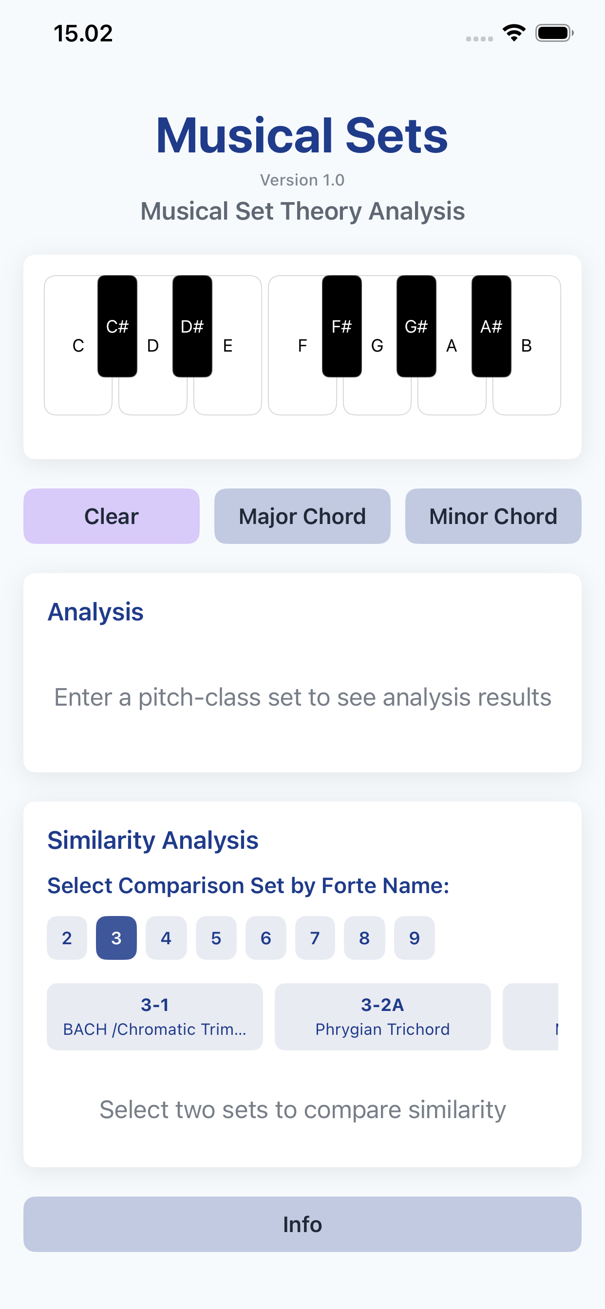 Musical Sets start screen with pitch-class keyboard and similarity section